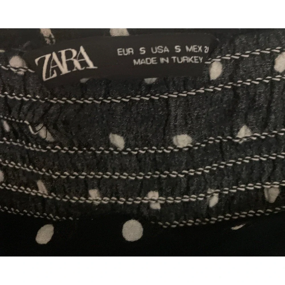 Zara Women Polka Dot Blouse Puff Sleeve Cropped Smocked Ruched Crop Top Black S